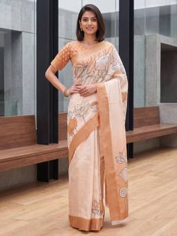 Nyri - Womens Satin Silk Cream Printed Saree with Unstitched Blouse
