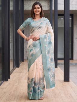 Nyri - Womens Satin Silk Aqua Printed Saree with Unstitched Blouse