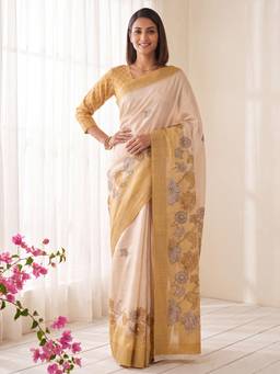 Nyri - Womens Satin Silk Mustard Printed Saree with Unstitched Blouse
