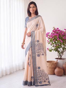 Nyri - Womens Satin Silk Off White Printed Saree with Unstitched Blouse