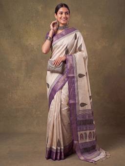 Nyri - Womens Cotton Silk Purple Printed Saree with Unstitched Blouse