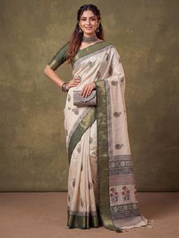 Nyri - Womens Cotton Silk Green Printed Saree with Unstitched Blouse