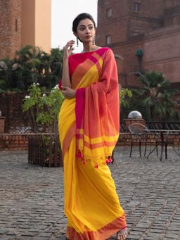 Beatitude - Yellow Shade Cotton Saree With Unstitched Blouse