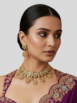 Auraa Trends - Traditional Antique Gold Plated Temple Necklace with Green Stones and Earrings