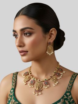 Auraa Trends - Pink Gold-Plated Temple Jewelry Necklace with Earrings
