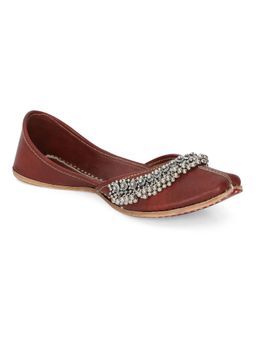 NR by Nidhi Rathi - Ghunghroo Maroon Embellished Leather Mojaris Flats