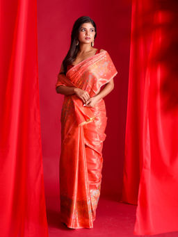 Beatitude - Orange Woven Banarasi Saree with Unstitched Blouse