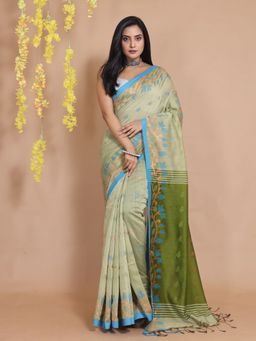 CHARUKRITI - Pistachio Green Cotton Zari & Floral Borders Handwoven Saree with Unstitched Blouse