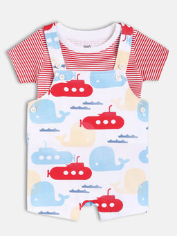 MINI KLUB - Cotton Submarine Printed Dungaree with T-Shirt (Set of 2)