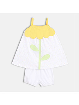 MINI KLUB - White Cotton Printed Applique Dress with Bloomer (Set of 2)