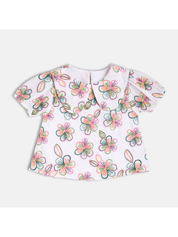 MINI KLUB - White Cotton Floral Embroidered Top