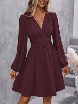 Outzidr - Burgundy Bishop Sleeve V Neck Dress