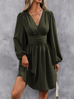 Outzidr - Olive Bishop Sleeve V Neck Dress