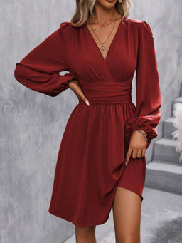Outzidr - Red Bishop Sleeve V Neck Dress