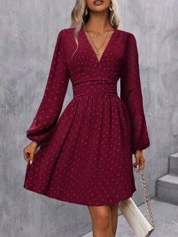 Outzidr - Burgundy Bishop Sleeve V Neck Flared Dress