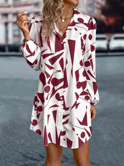Outzidr - Red Bishop Sleeve Collared Neck Printed Dress