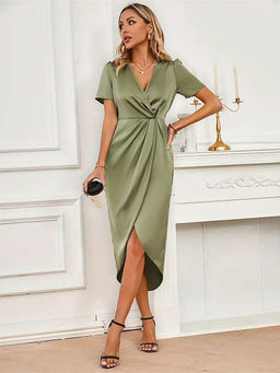 Outzidr - Sage Green Short Sleeve V Neck Wrap Dress