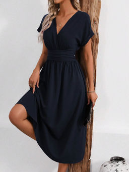 Outzidr - Navy Blue Short Sleeve V Neck Dress