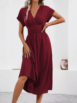 Outzidr - Burgundy Short Sleeve V Neck Dress