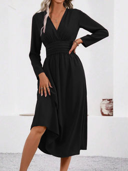 Outzidr - Black Full Sleeve V Neck Flared Dress