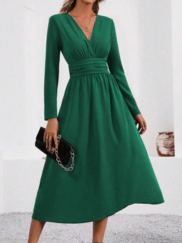Outzidr - Forest Green Full Sleeve V Neck Flared Dress