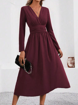 Outzidr - Wine Full Sleeve V Neck Flared Dress