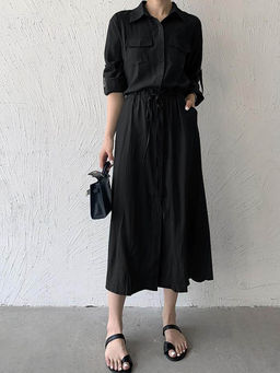 Outzidr - Black Three- Fourth Sleeve Collared Neck Dress