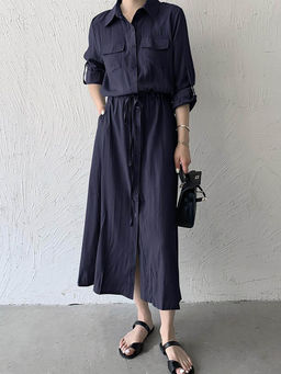 Outzidr - Navy Blue Three- Fourth Sleeve Collared Neck Dress