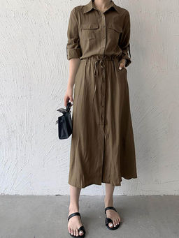 Outzidr - Olive Three- Fourth Sleeve Collared Neck Dress