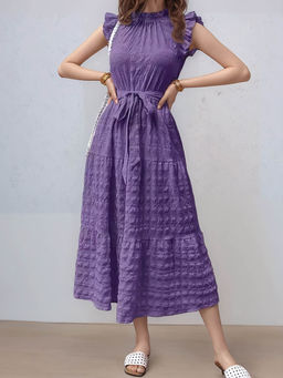 Outzidr - Purple Short Ruffle Sleeve Mock Neck Dress with Belt