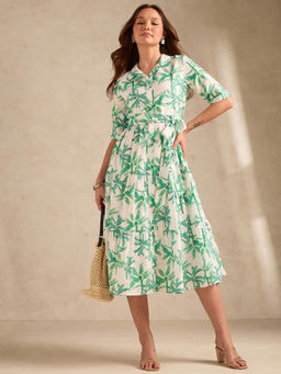 Outzidr - White Midi Length Tiered Printed Dress with Belt