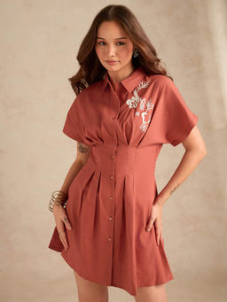 Outzidr - Rust Dolman Fit Printed Shirt Dress With Belt Detail