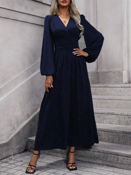 Outzidr - Navy Bishop Sleeve V Neck Flared Side Slit Dress