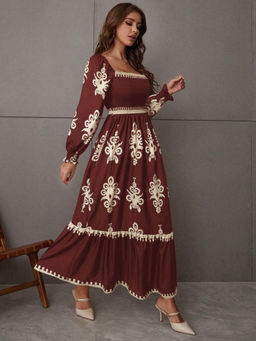 Outzidr - Burgundy Bishop Sleeve Square Neck Printed Dress