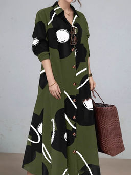 Outzidr - Olive Three- Fourth Sleeve Collared Neck Printed Dress