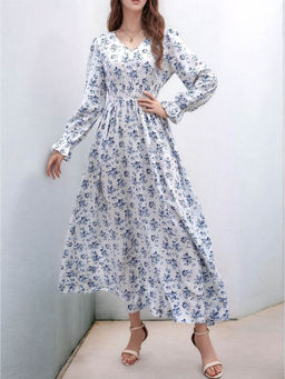 Outzidr - Blue Bishop Sleeve V Neck Printed Dress