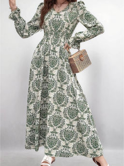 Outzidr - Green Bishop Sleeve V Neck Printed Dress