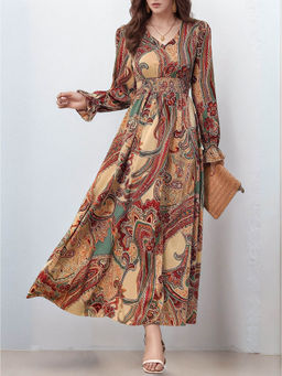 Outzidr - Brown Bishop Sleeve V Neck Printed Dress