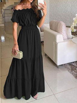 Outzidr - Black Short Sleeve Off Shoulder Dress