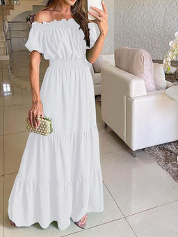 Outzidr - White Short Sleeve Off Shoulder Dress