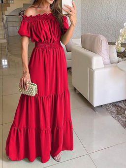 Outzidr - Red Short Sleeve Off Shoulder Dress