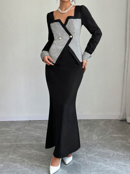 Outzidr - Black Full Sleeve Waist Coat Style Dress