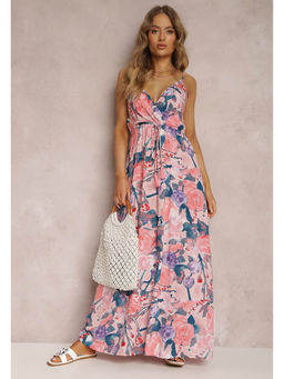 Outzidr - Pink Shoulder Strap V Neck Printed Dress