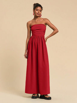 Outzidr - Red Tube Solid Maxi Ruched Dress