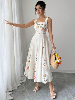 Outzidr - Cream Sleeveless Floral Dress