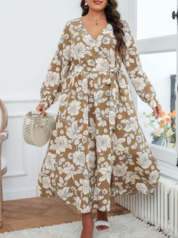 Outzidr - Brown Full Sleeve V Neck Slit Dress with Belt