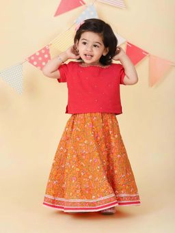 Fabindia - Orange Cotton Hand Block Printed Lehenga & Choli