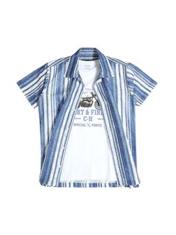 CAVIO - Boys Printed Blue Shirt And Regular Fit T-Shirt