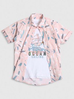 CAVIO - Boys Peach Printed Casual Shirt And Regular Fit T-Shirt