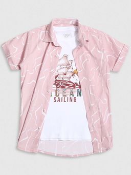 CAVIO - Boys Pink Printed Casual Shirt And Regular Fit T-Shirt